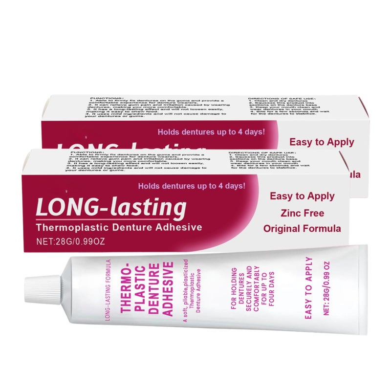2PCS Thermoplastic Denture Adhesive,Strong Hold Denture Adhesive Gel for False Teeth,Comfortable Non-Glue DentureAdhesive Cream,Lasting Cushion for Dentures Reliner,Refits & Tightens Loose Dentures